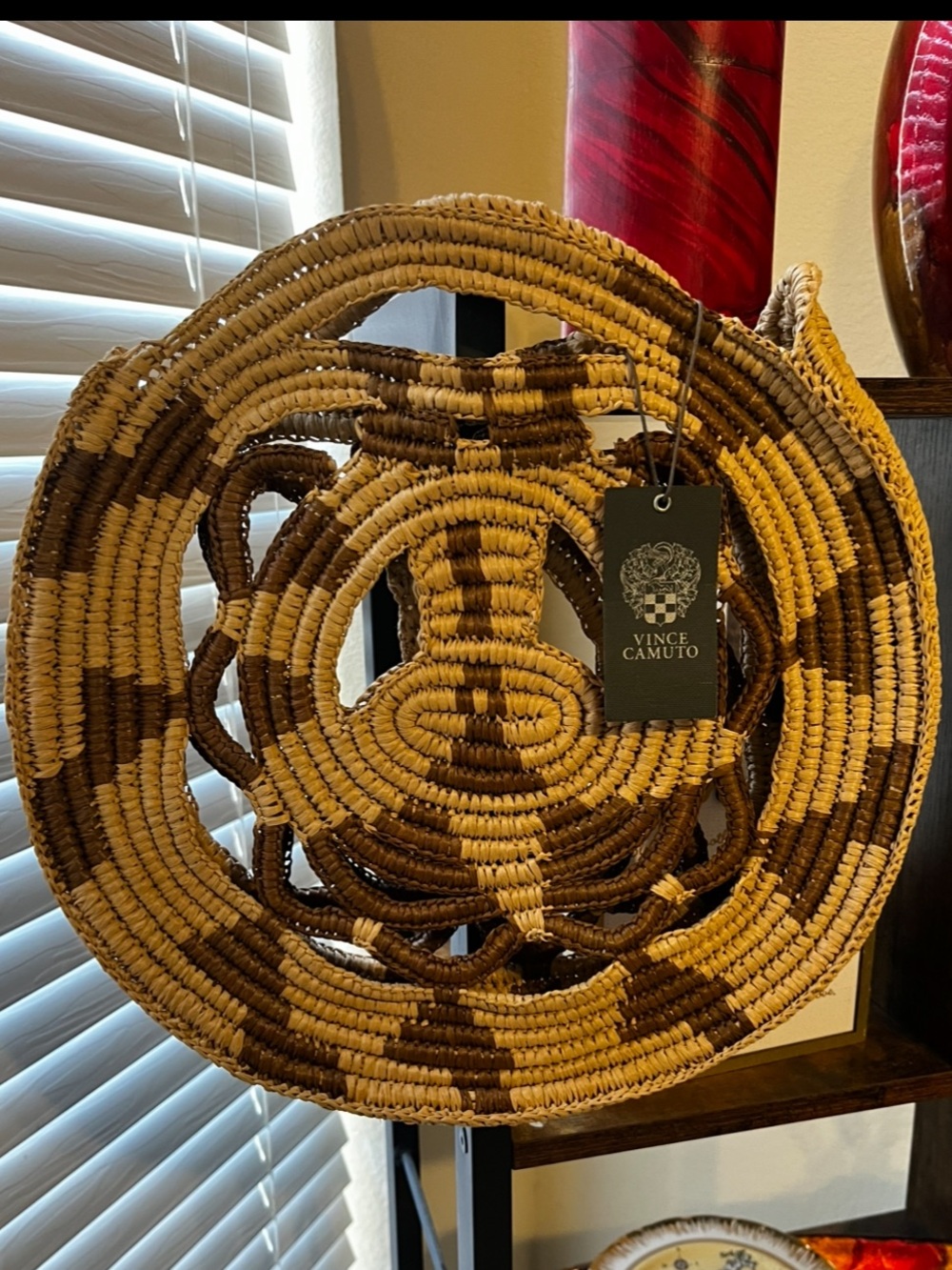 Vince Camuto Round Handwoven Straw Tote in Beige and Brown - Picture 2 of 5